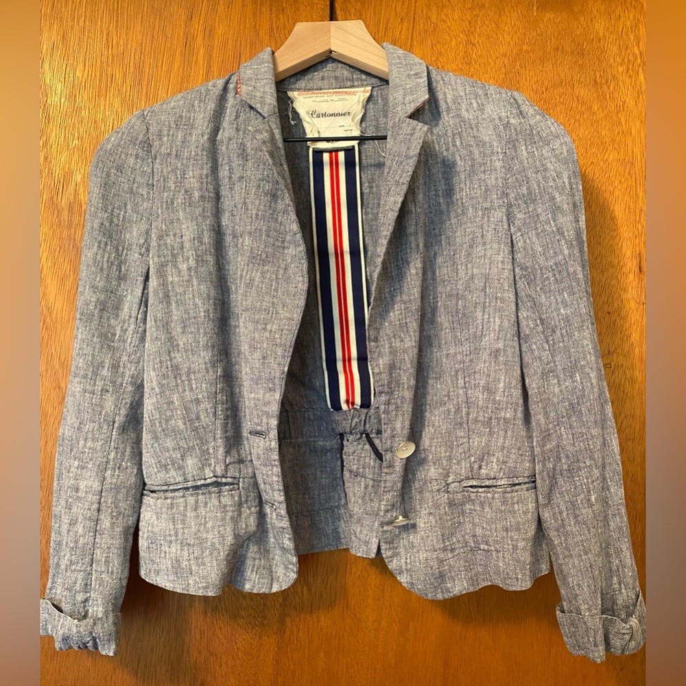 Anthropologie: Striped Linen Blazer with Satin Collar Lining, 3/4 Sleeves.